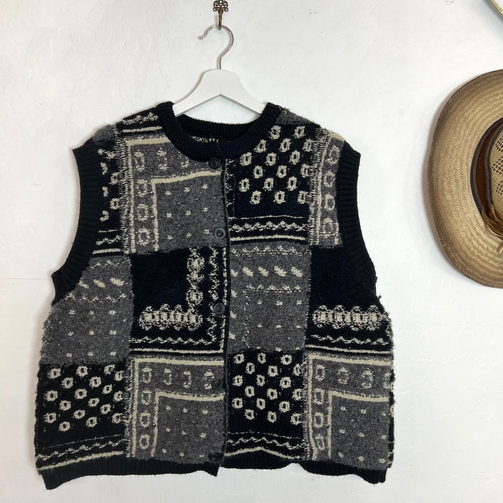 Vintage Patchwork Bandana Print Button Front Knit Sweater Vest Black Gray Sz XL